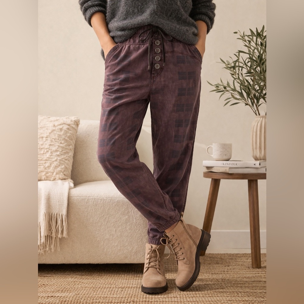 Anthropologie Plaid Jogger Pants XS Drawstring Elastic Waist Casual Lounge Boho